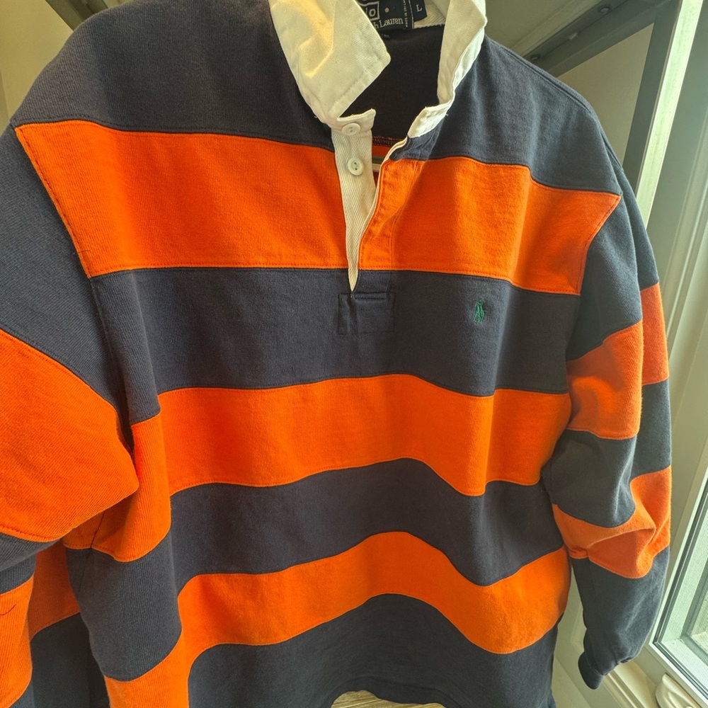 Ralph Lauren Striped Rugby Shirt in Orange and Navy with White Collar